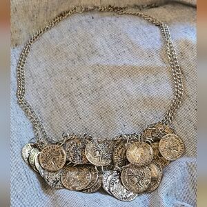 Coin Necklace SilverTone Faux French Francs Statement 19” 31 Coins READ